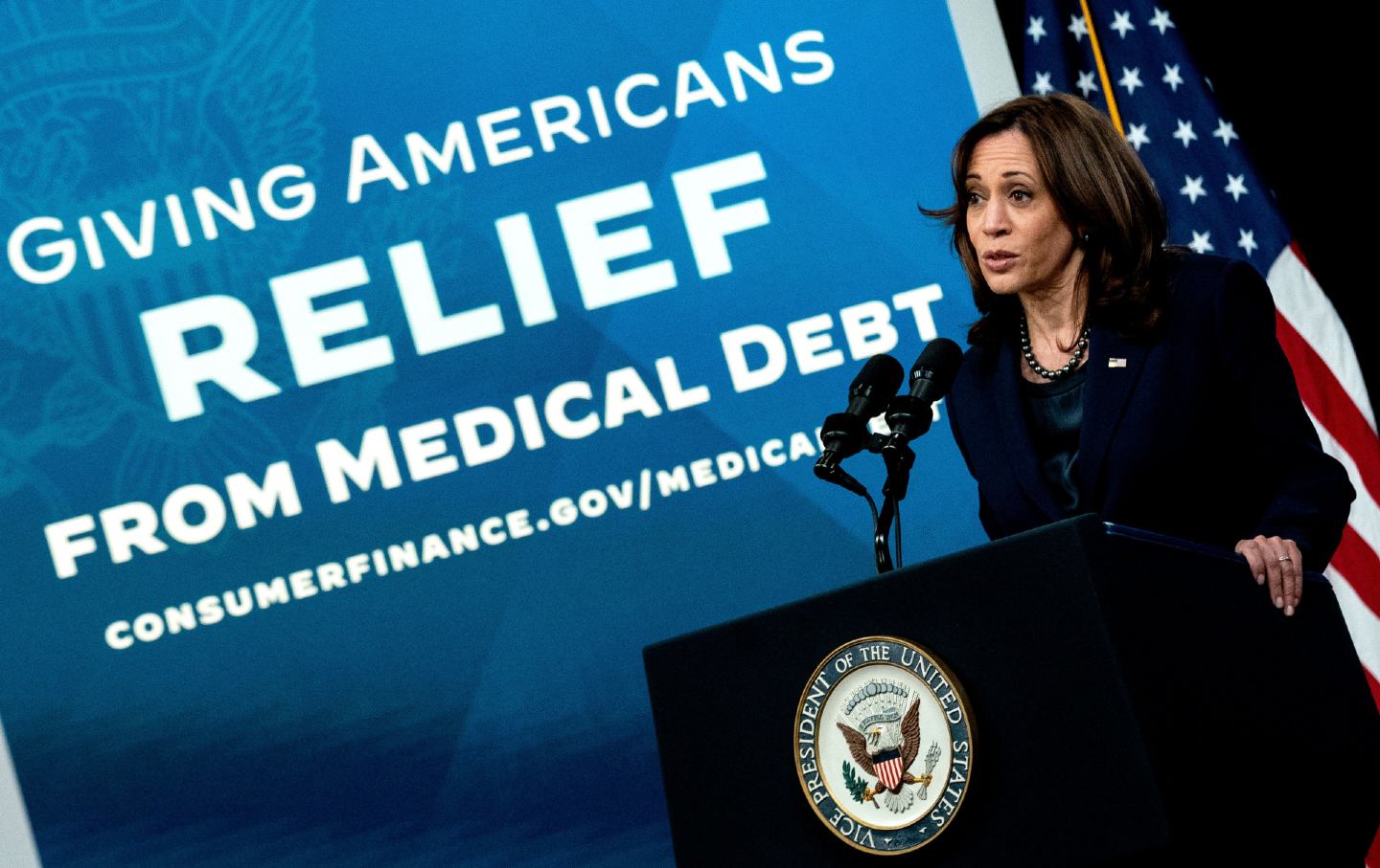 Vice President Kamala Harris delivers remarks on medical debt relief at an event at the Eisenhower Executive Office Building, next to the White House, in Washington, DC, April 11, 2022.