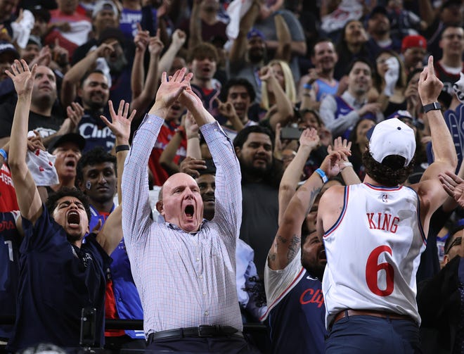 Los Angeles Clippers owner Steve Ballmer cheers with "The Wall" during the season home opening game against the Phoenix Suns at Intuit Dome on Oct. 23, 2024 in Inglewood, California.