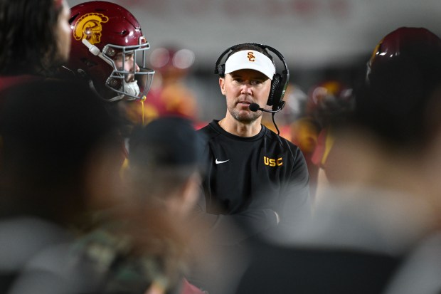 USC head coach Lincoln Riley looks on during the first...