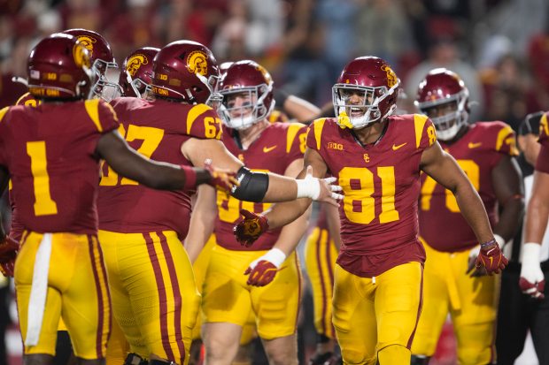 USC wide receiver Kyle Ford (81) celebrates his touchdown during...