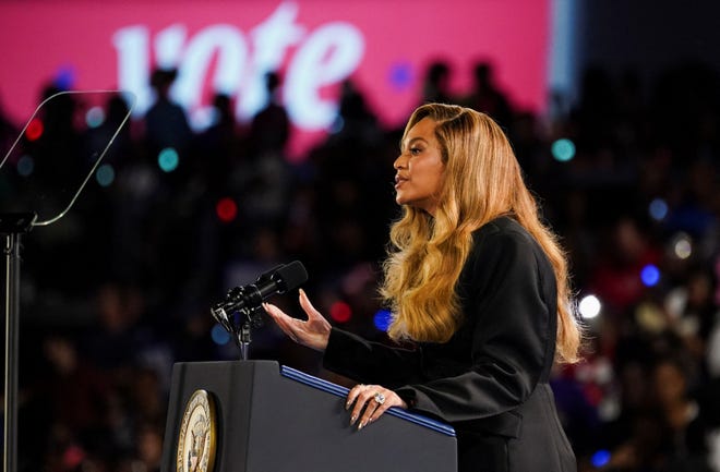 Beyoncé speaks during a campaign rally for Democratic presidential nominee Vice President Kamala Harris.