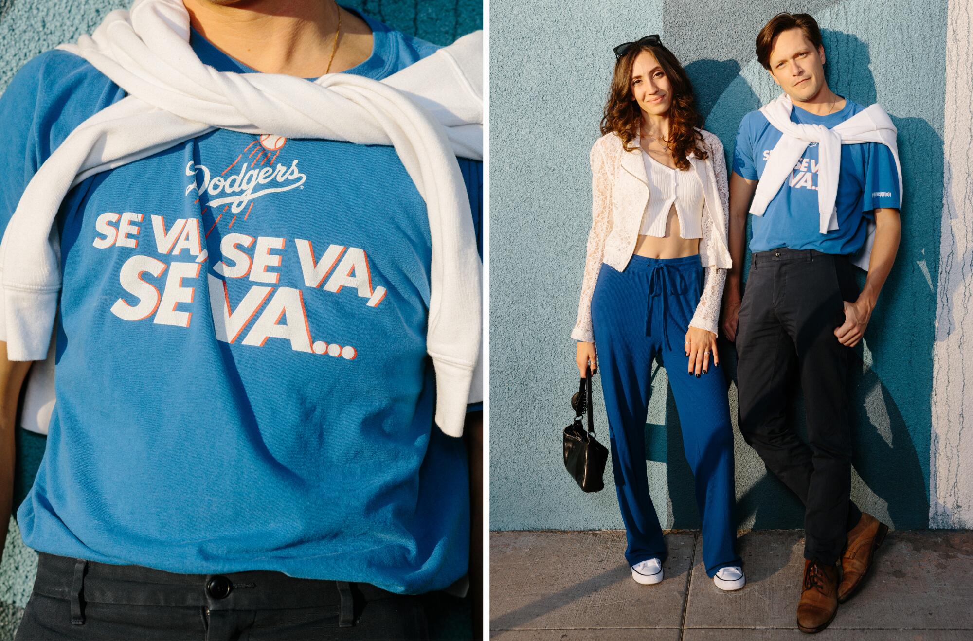 A man and woman in white and blue outfits and a closeup of a Dodgers shirt saying Se Va three times.