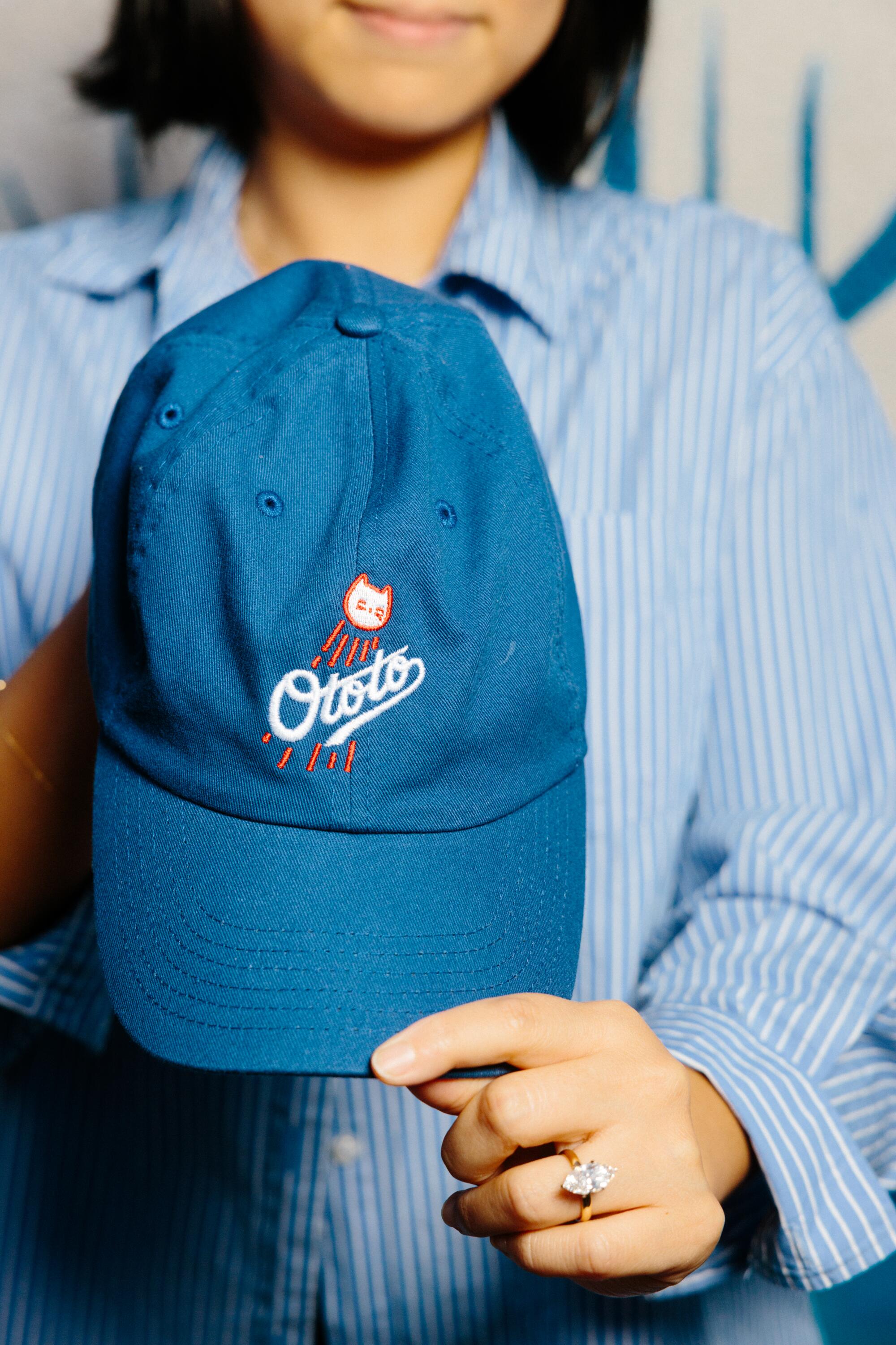 Closeup of a Dodgers hat.