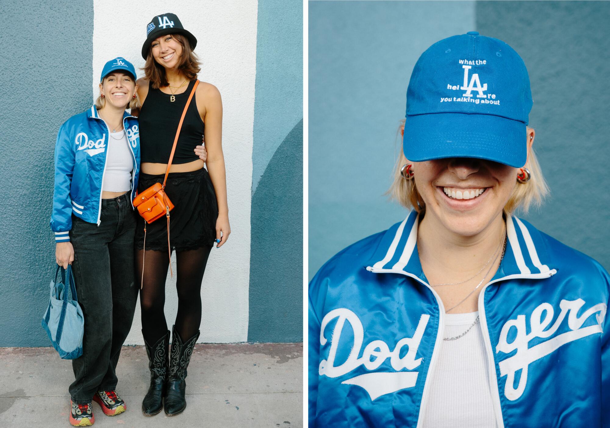 Amy Farrar and Blair Paley in blue Dodger hats and one of them is also in a blue Dodgers jacket.