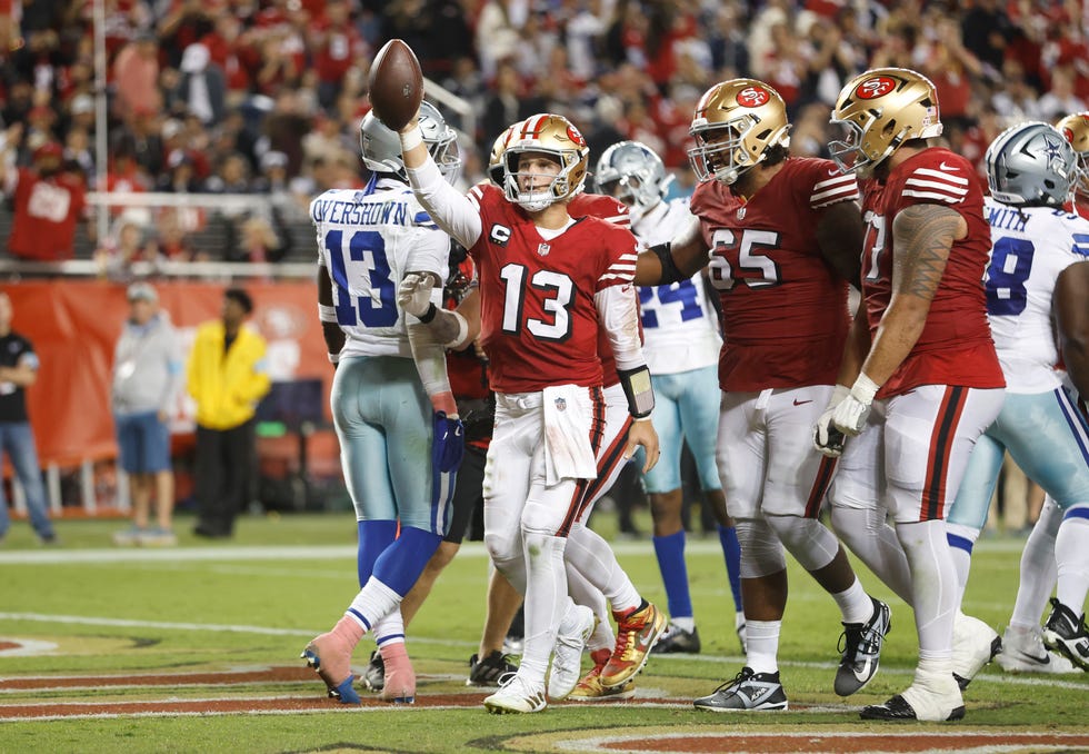 SANTA CLARA, CALIFORNIA - OCTOBER 27: Brock Purdy #13 of the San Francisco 49ers reacts after rushing for a touchdown during the third quarter against the Dallas Cowboys at Levi's Stadium on October 27, 2024 in Santa Clara, California. (Photo by Lachlan Cunningham/Getty Images)