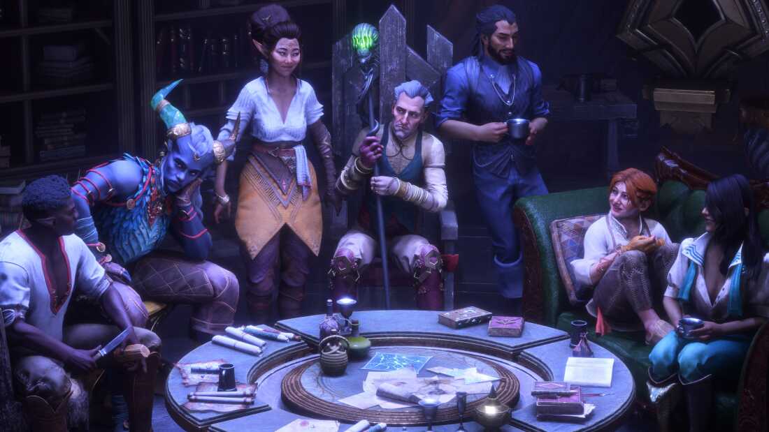 All seven companions, gathered in the game's home base.