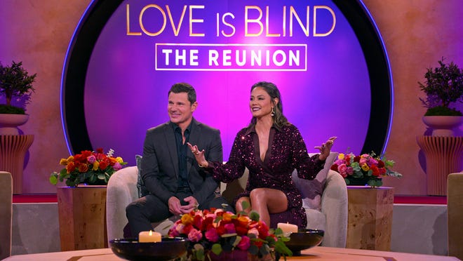 L to R: Nick Lachey and Vanessa Lachey in the reunion episode of "Love is Blind" Season 7.