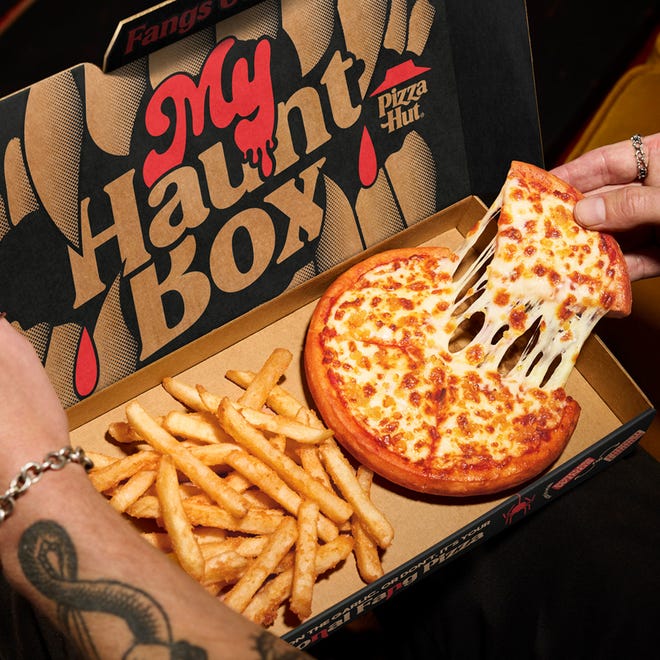 At Pizza Hut, for a limited time you can get the My Haunt Box ($6.99-up), which includes a garlicky Personal Fang Pizza and your choice of fries or wings.