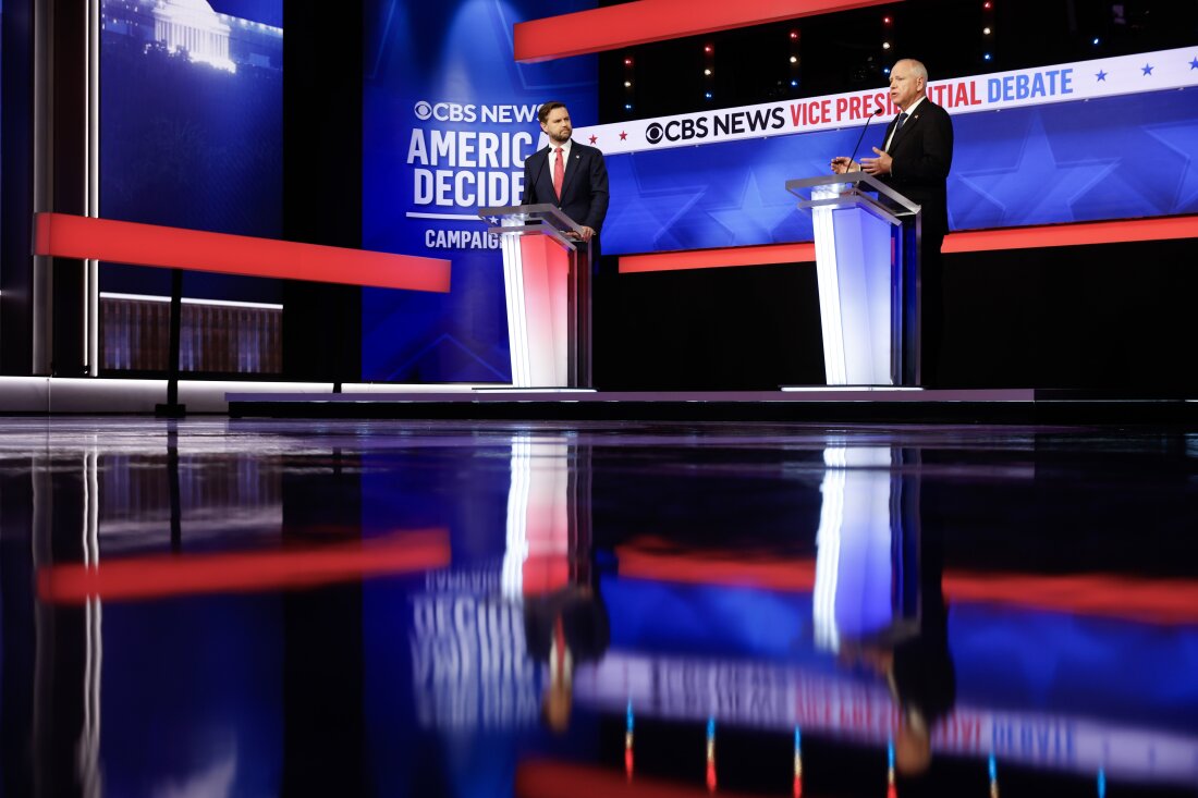 Republican vice presidential candidate Sen. JD Vance and Democratic vice presidential candidate Minnesota Gov. Tim Walz participate in a debate at the CBS Broadcast Center on Oct. 1, 2024 in New York City.