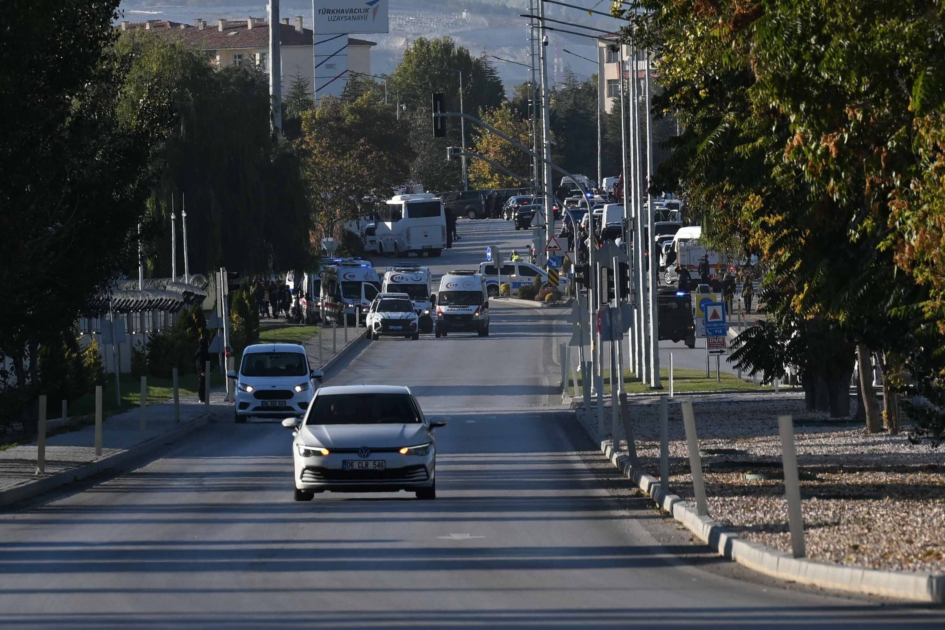 PHOTO: Security forces, firefighters, and paramedics are dispatched to Turkish Aerospace Industries' (TAI) facilities after explosions and gunshots were reported in the Kahramankazan district of Ankara, Turkey on Oct. 23, 2024. 