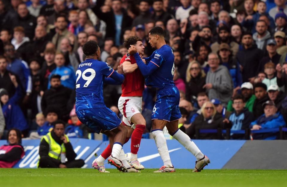 Nottingham Forest’s Neco Williams and Chelsea’s Levi Colwill clash (Bradley Collyer/PA Wire)