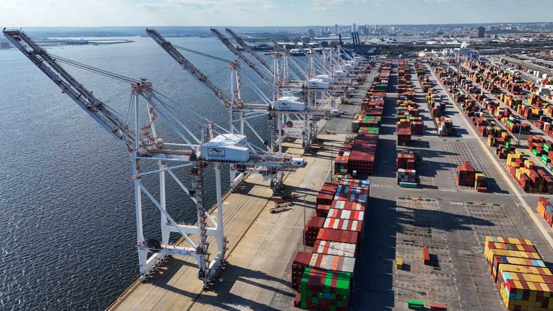 An aerial view of the Dundalk Marine Terminal on Oct. 3, 2024 in Baltimore, Md.