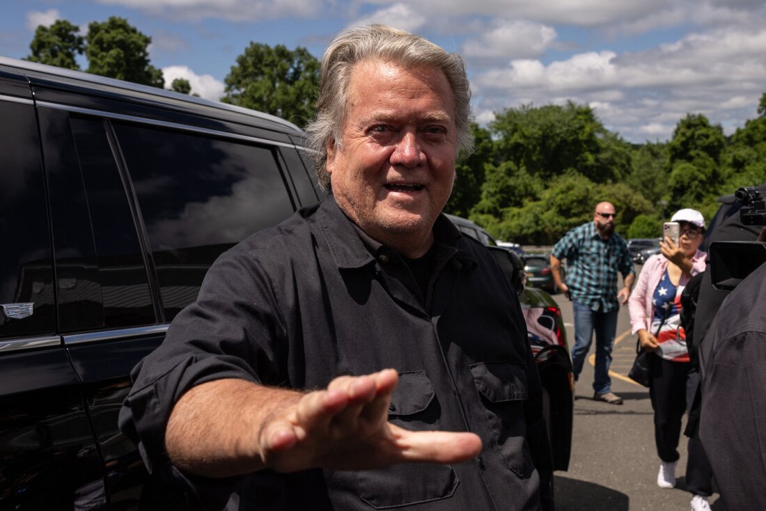 Former White House chief strategist Steve Bannon arrives at a press conference outside a federal correctional institution on July 1, 2024 in Danbury, Conn.