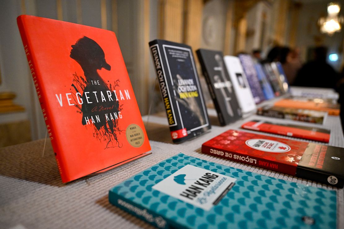 A selection of Han Kang's books on display at the Swedish Academy in Stockholm.