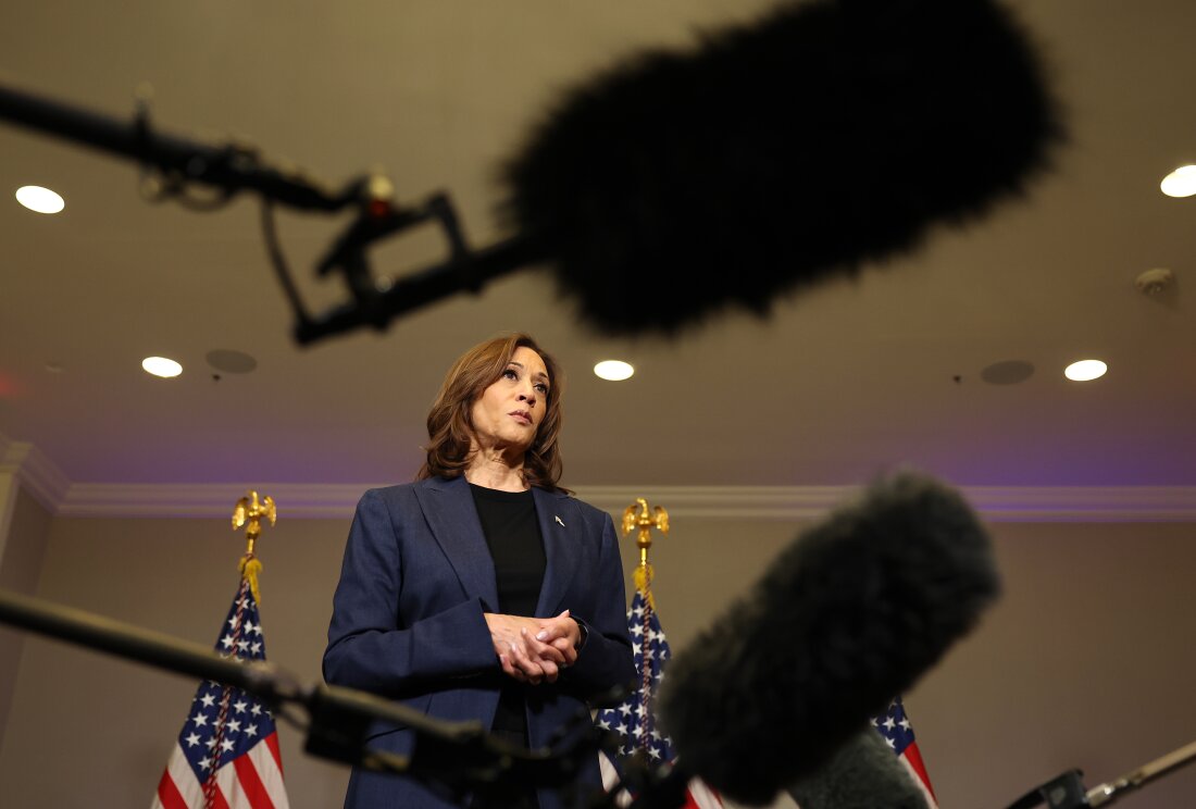 Vice President Harris, speaks to reporters at the Four Seasons Hotel in Houston on Friday ahead of a rally supporting reproductive rights with Beyonce