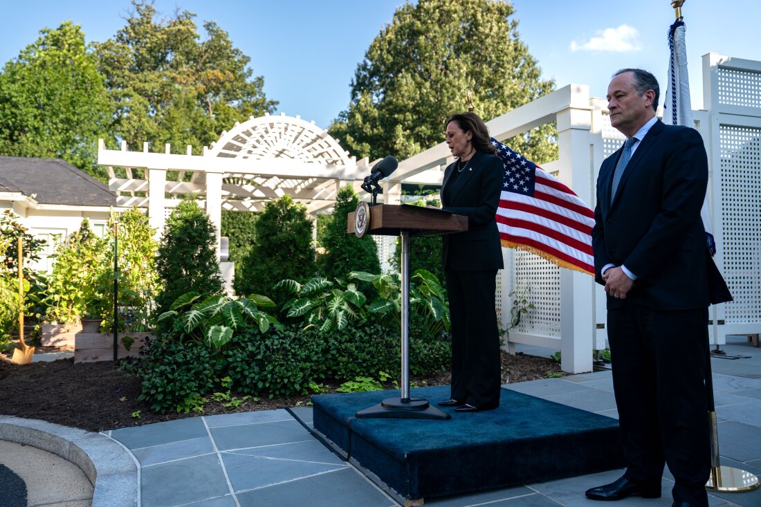 Vice President Harris speaks at the vice president's residence at the U.S. Naval Observatory on Oct. 7, in Washington, D.C. Harris and second gentleman Doug Emhoff marked the one-year anniversary of the Oct. 7 attacks in Israel by planting a memorial tree.