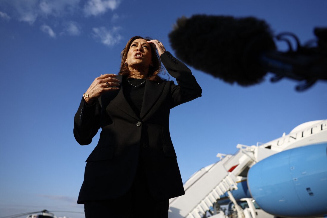 Vice President Harris speaks to media members before departing for New York at Joint Base Andrews, Maryland, on Monday. Harris appeared on the CBS news magazine 60 Minutes on Monday, where she answered questions about her economic plans, the war in Ukraine and the U.S.-Mexico border, among other issues.