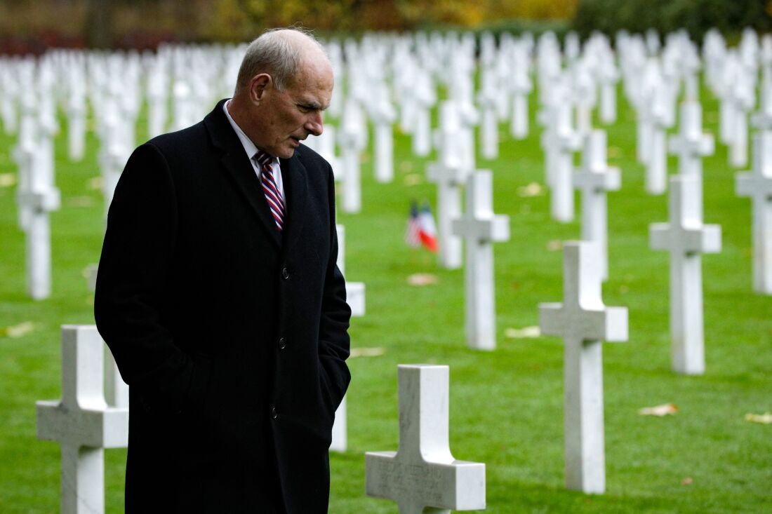 Former White House chief of staff John Kelly, seen here on a visit to the Aisne-Marne American Cemetery in Belleau, France, in 2018, has criticized his former boss Donald Trump.