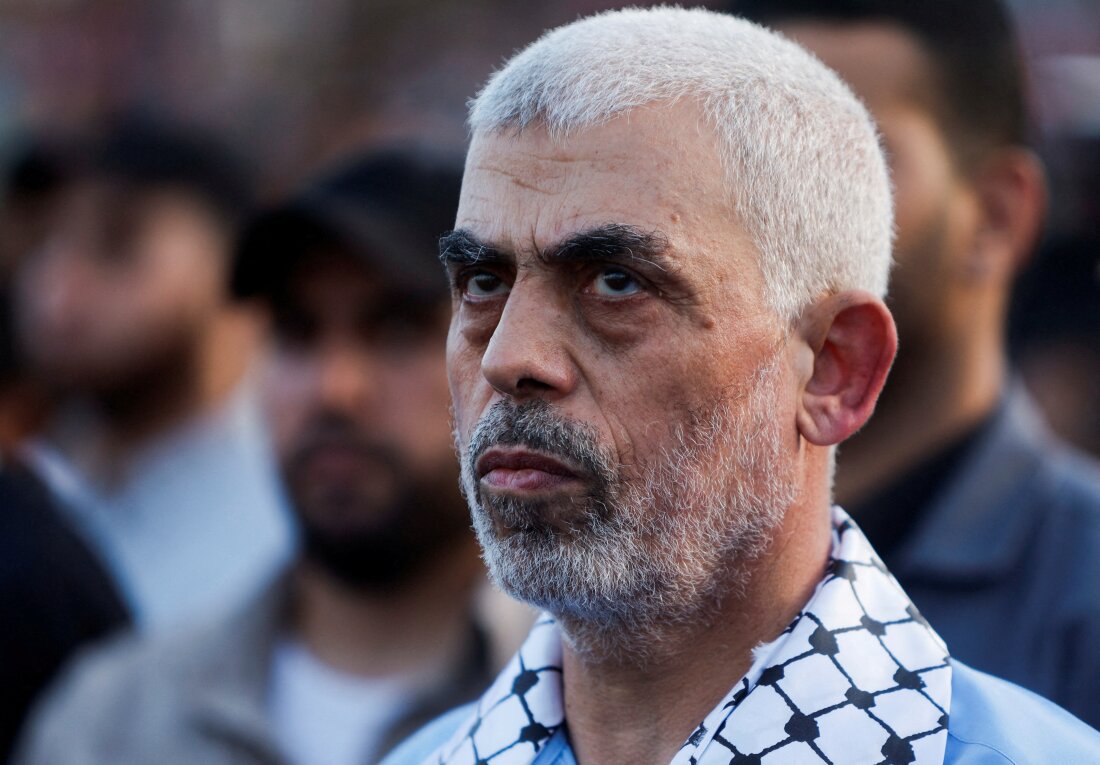 Hamas leader Yahya Sinwar looks on as Palestinian Hamas supporters take part in an anti-Israel rally over tension in Jerusalem's Al-Aqsa Mosque, in Gaza City, Oct. 1, 2022.