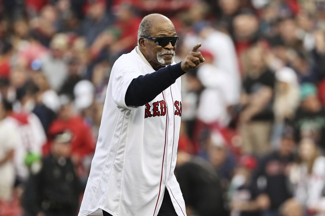 Former Boston Red Sox great Luis Tiant before Game 5 of the American League Championship Series between the Boston Red Sox and the Houston Astros on Oct. 20, 2021, at Fenway Park in Boston.