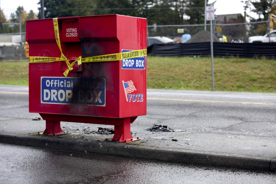 A ballot drop box in in Vancouver, Wash., was set ablaze early Monday morning, destroying hundreds of ballots.