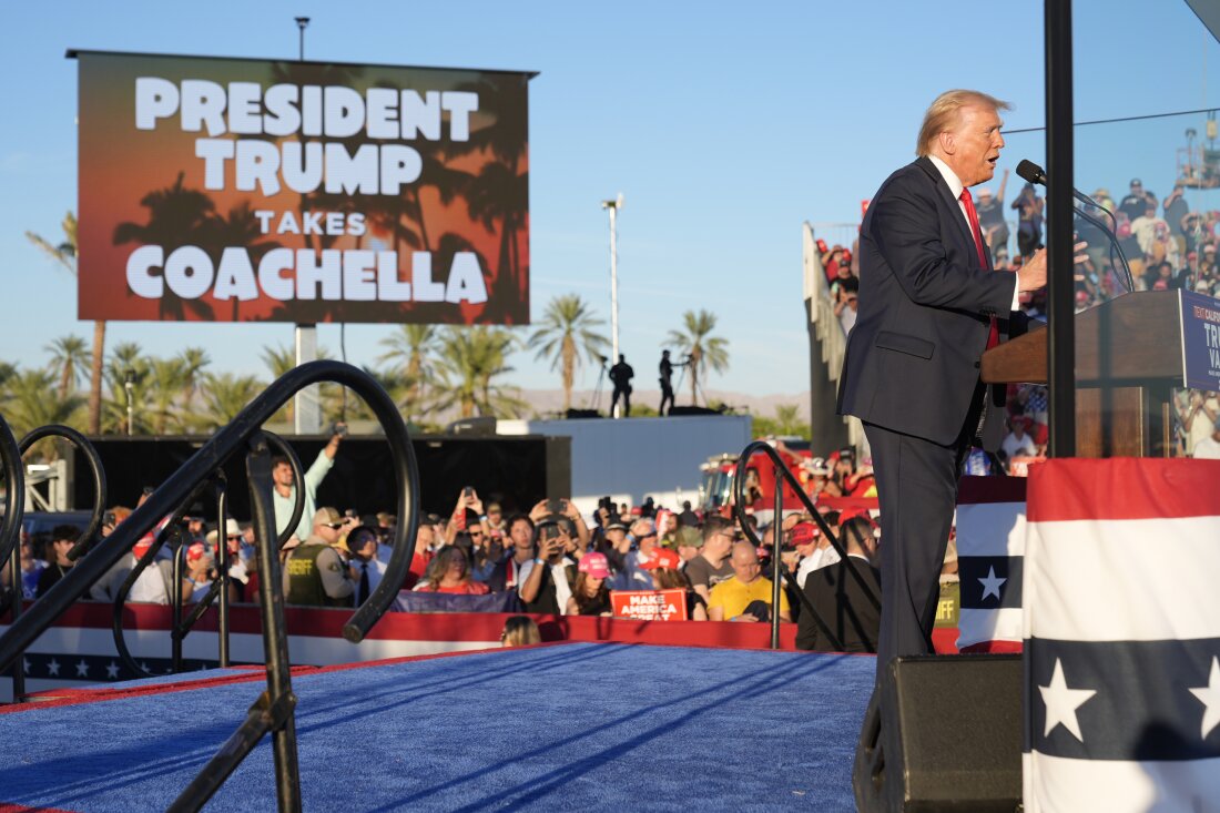 Republican presidential nominee former President Donald Trump speaks at a campaign rally at the Calhoun Ranch, Saturday, Oct. 12, 2024, in Coachella, Calif. (AP Photo/Alex Brandon)