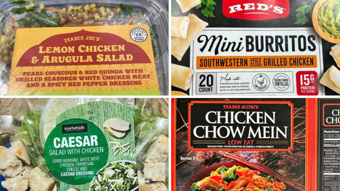 Side-by-side images of prepared foods with recalled chicken, including salads, mini burritos and chow mein.