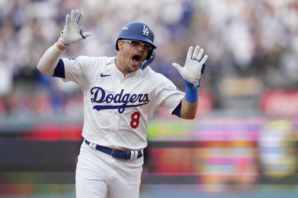 Kiké Hernández gave the Los Angeles Dodgers their first run in Game 5 with a second-inning home run off San Diego Padres starter Yu Darvish. (AP Photo/Ashley Landis)