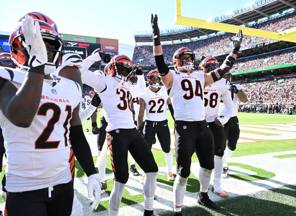 CLEVELAND, OHIO - OCTOBER 20: Sam Hubbard #94 of the Cincinnati Bengals celebrates after catching an interception in the third quarter of a game against the Cleveland Browns at Huntington Bank Field on October 20, 2024 in Cleveland, Ohio. (Photo by Nick Cammett/Getty Images)