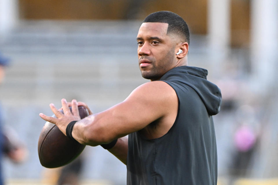 Oct 6, 2024; Pittsburgh, Pennsylvania, USA; Pittsburgh Steelers quarterback Russell Wilson (3) works out before a game against the Dallas Cowboys at Acrisure Stadium. Mandatory Credit: Barry Reeger-Imagn Images