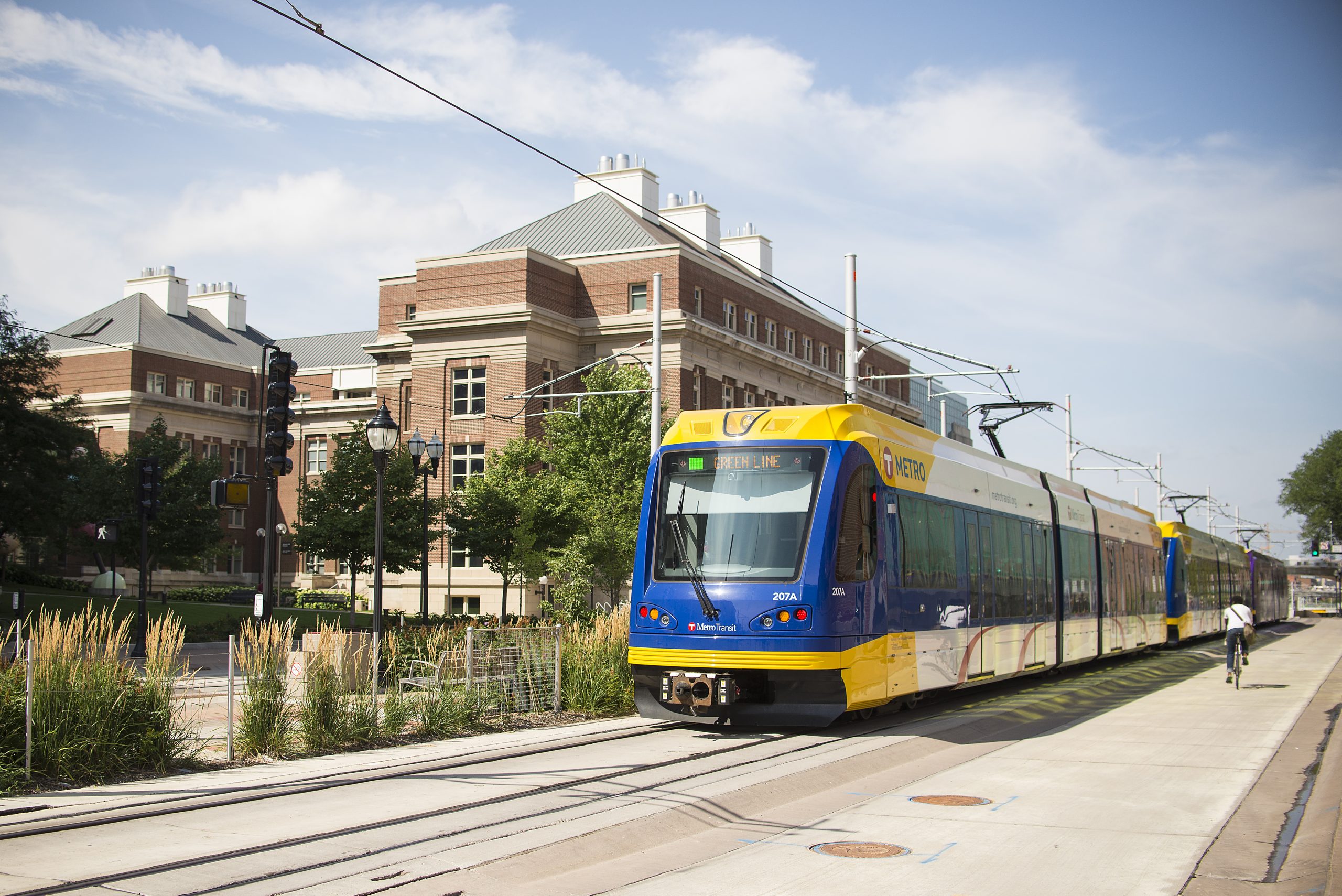 A light rail train travels through the Twin Cities, Minnesota.