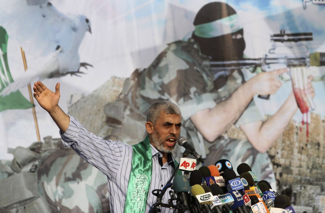 Yahya Sinwar, a founder of Hamas' military wing, talks during a rally in Khan Younis, southern Gaza Strip, in 2011.