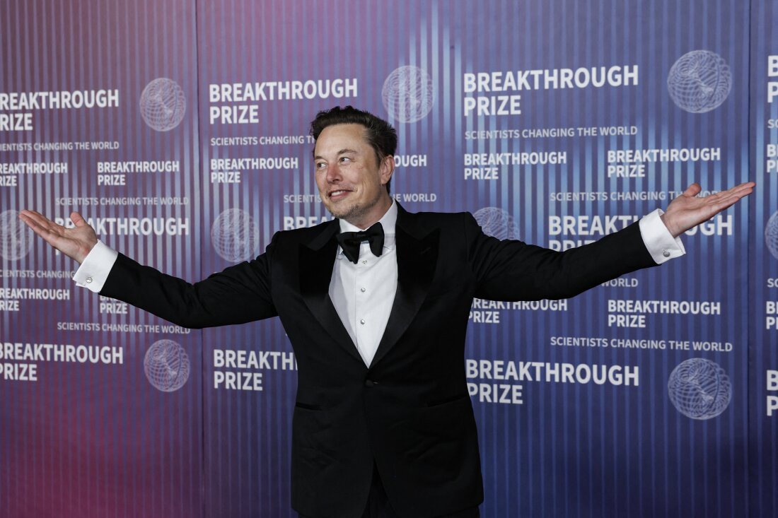 Tesla CEO Elon Musk gestures at the Tenth Breakthrough Prize Ceremony at the Academy Museum of Motion Pictures in Los Angeles, California, on April 13, 2024. Tesla is hosting an event it's calling 