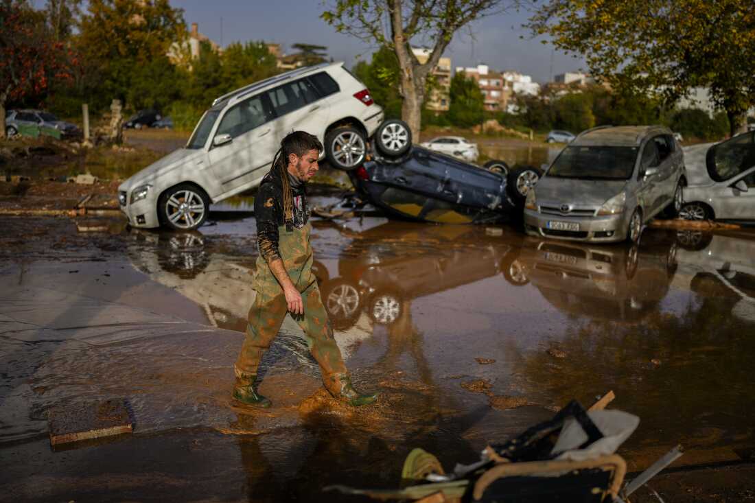 Flooded cars are piled up in Utiel, Spain on Wednesday.