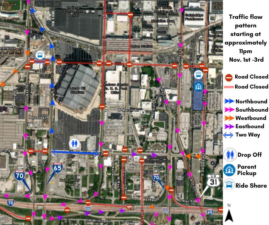 Taylor Swift Era Tour traffic and road closures map from Nov. 1-4, 2024.