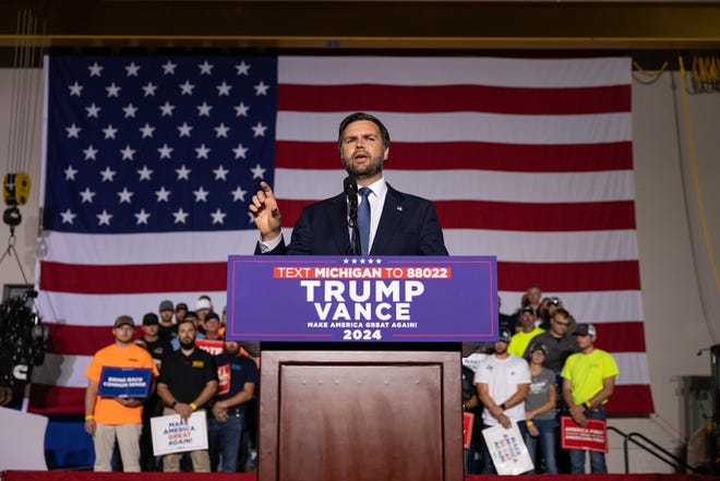 VP nominee JD Vance speaks during a rally at HES Equipment on Tuesday, Oct. 29, in Holland.