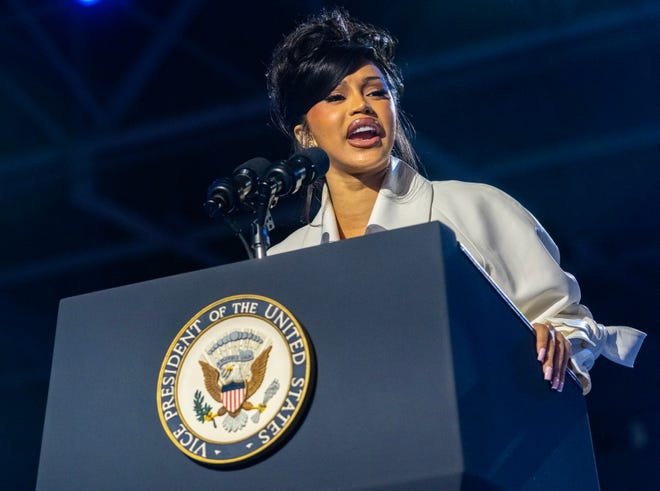 Rapper and songwriter CArdi B speaks at a campaign event for Vice President Kamala Harris Friday, November 1, 2024 at Wisconsin State Fair Park in West Allis, Wisconsin.



Mark Hoffman/Milwaukee Journal Sentinel