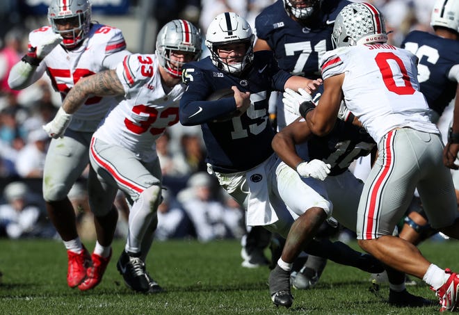 Nov 2, 2024; University Park, Pennsylvania, USA; Penn State Nittany Lions quarterback Drew Allar (15) runs with the ball during the second quarter against the Ohio State Buckeyes at Beaver Stadium. Mandatory Credit: Matthew O'Haren-Imagn Images