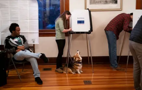 Stephen Maturen/Getty Images A dog named Daisy looks on as their owner fills out a ballot in a polling place at the Cincinnati Observatory on 5 November 2024 in Cincinnati, Ohio.