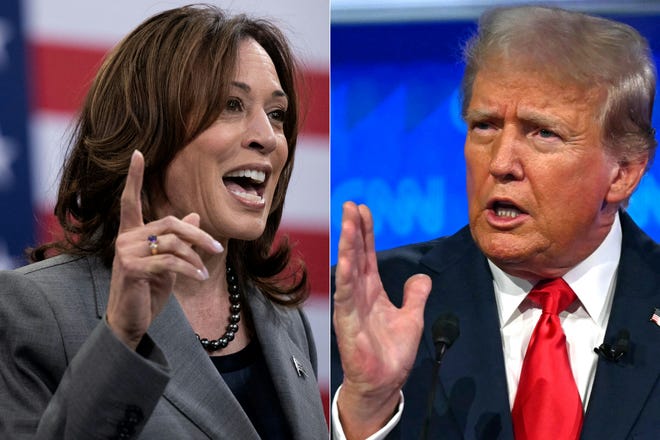 This combination of file pictures created on Aug. 3, 2024, shows US Vice President and Democratic presidential candidate Kamala Harris speaking on March 26, 2024, in Raleigh, North Carolina, and former US President and Republican presidential candidate Donald Trump speaking in Atlanta, Georgia, on June 27, 2024. Turnout in Georgia's populous Fulton County, a Democratic bastion that includes most of the capital, Atlanta, will be crucial in deciding who wins the southern state -- and its coveted 16 electoral college votes. This makes it a country pivotal to both presidential candidates.