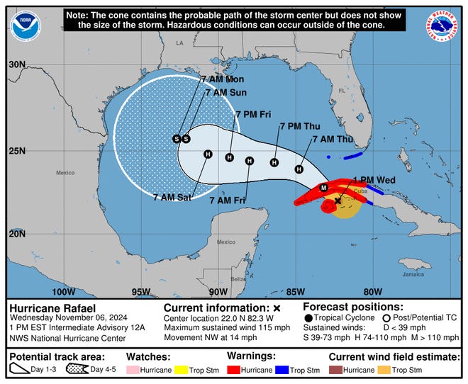 The National Hurricane Center said Hurricane Rafael has strengthened into a Category 3 storm as it approaches the coast of western Cuba.