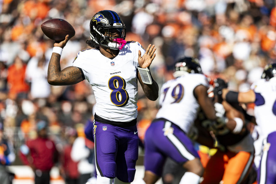 CLEVELAND, OHIO - OCTOBER 27: Lamar Jackson #8 of the Baltimore Ravens throws a pass in the first quarter of the game against the Cleveland Browns at Huntington Bank Field on October 27, 2024 in Cleveland, Ohio. The Browns beat the Ravens 29-24. (Photo by Lauren Leigh Bacho/Getty Images)