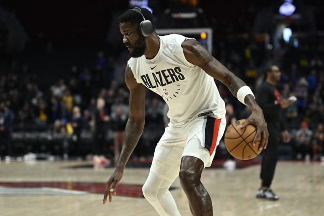 Portland Trail Blazers center Deandre Ayton (2) warms up before a game against the Golden State Warriors at Moda Center in Portland on April 11, 2024.