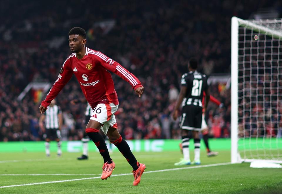 Amad Diallo celebrates after scoring a header (Getty Images)