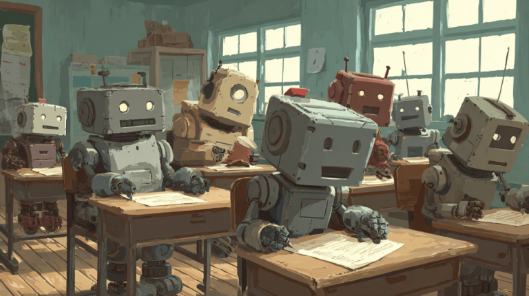crimedy7_illustration_of_a_group_of_robots_taking_a_test_in_a_22458d3b-4290-48ef-a0a0-3ee4710809f3_1.png