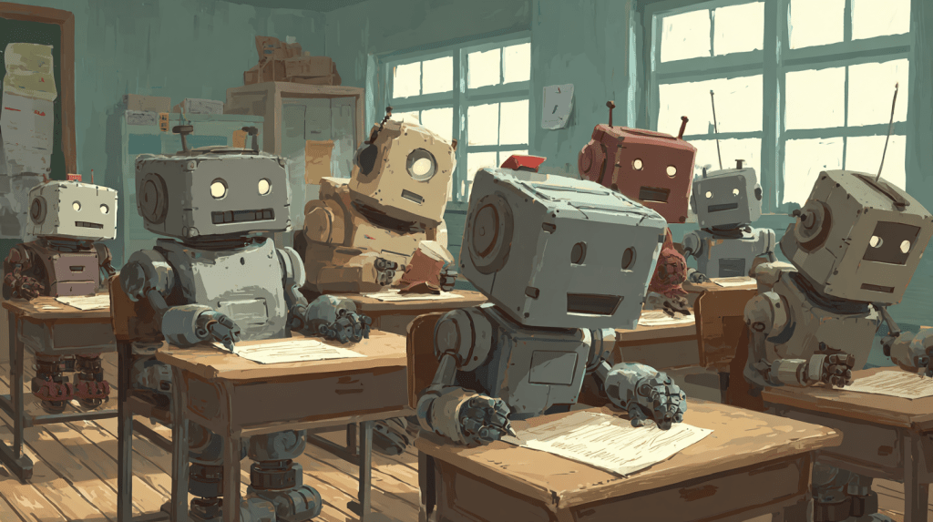 crimedy7_illustration_of_a_group_of_robots_taking_a_test_in_a_22458d3b-4290-48ef-a0a0-3ee4710809f3_1.png
